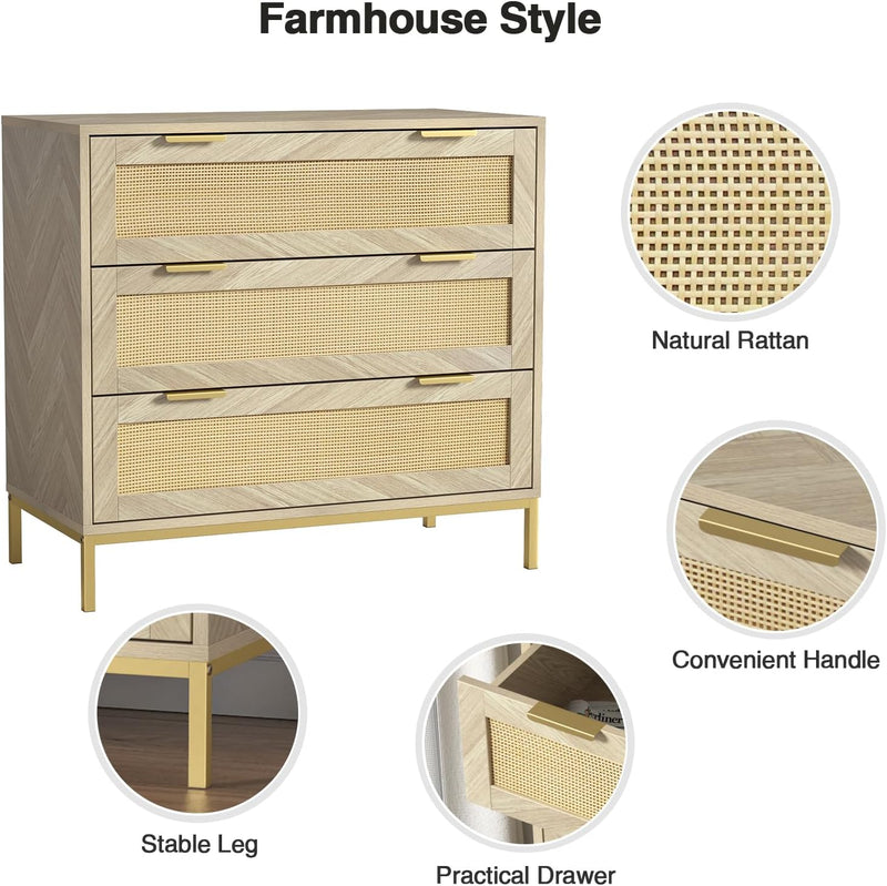 Chest of Drawers for Bedroom Rattan 3 Drawer