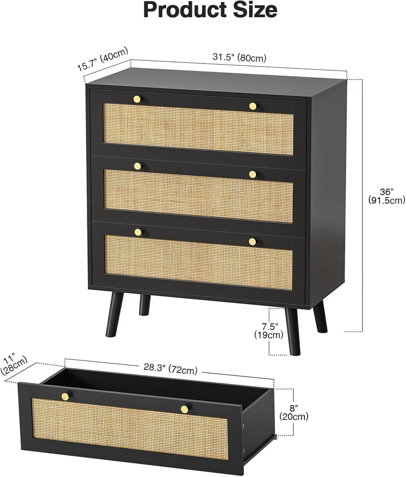 Chest of Drawers for Bedroom Rattan 3 Drawer