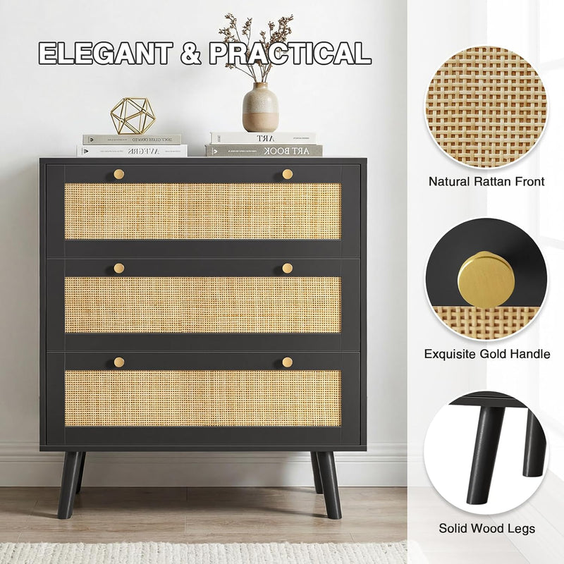Chest of Drawers for Bedroom Rattan 3 Drawer
