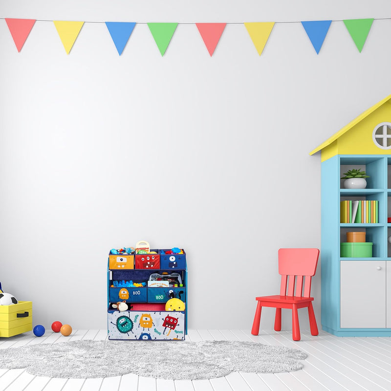 Children's Shelf with 6 Fabric Boxes Monster Design