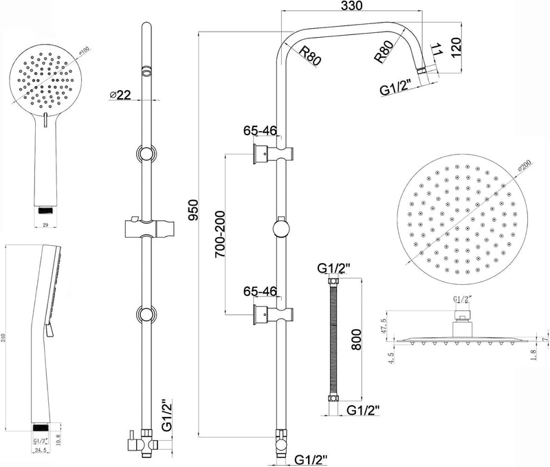 Dune Thermostatic Deck Mounted 200MM Rigid Riser Kit