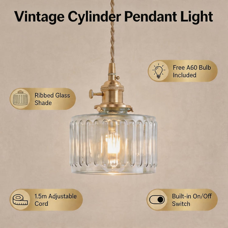 Clear Fluted Glass Pendant Light 1 Natural Bulb