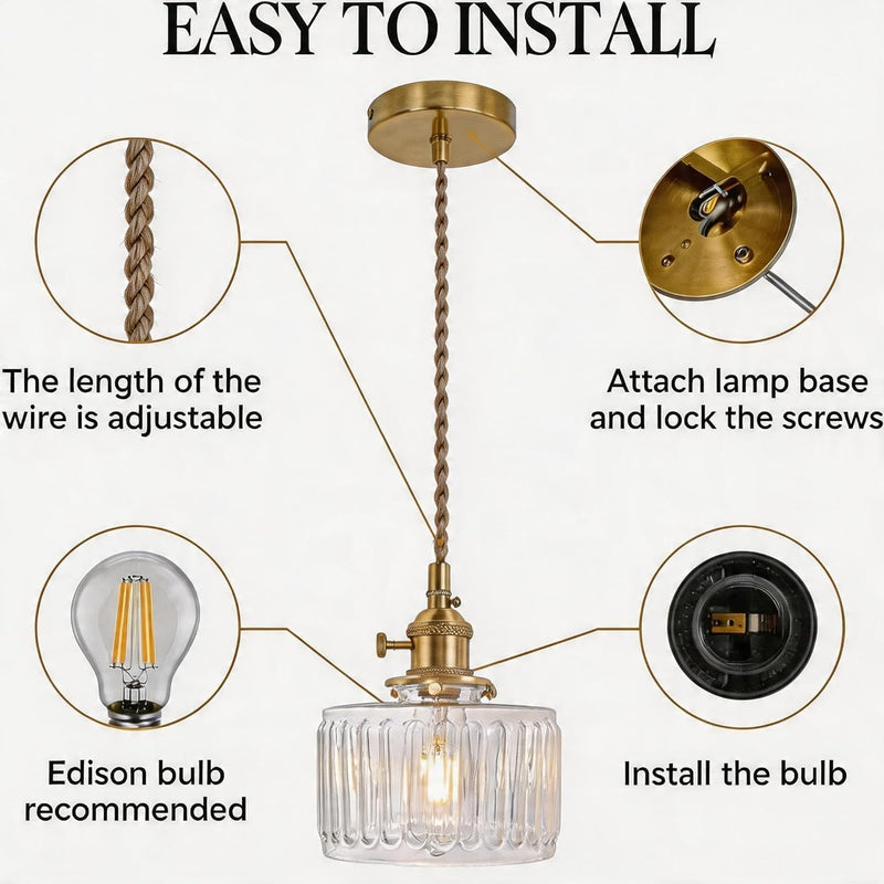 Clear Fluted Glass Pendant Light 1 Natural Bulb