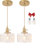 Clear Striped Glass Pendant Light 2 Natural Bulbs