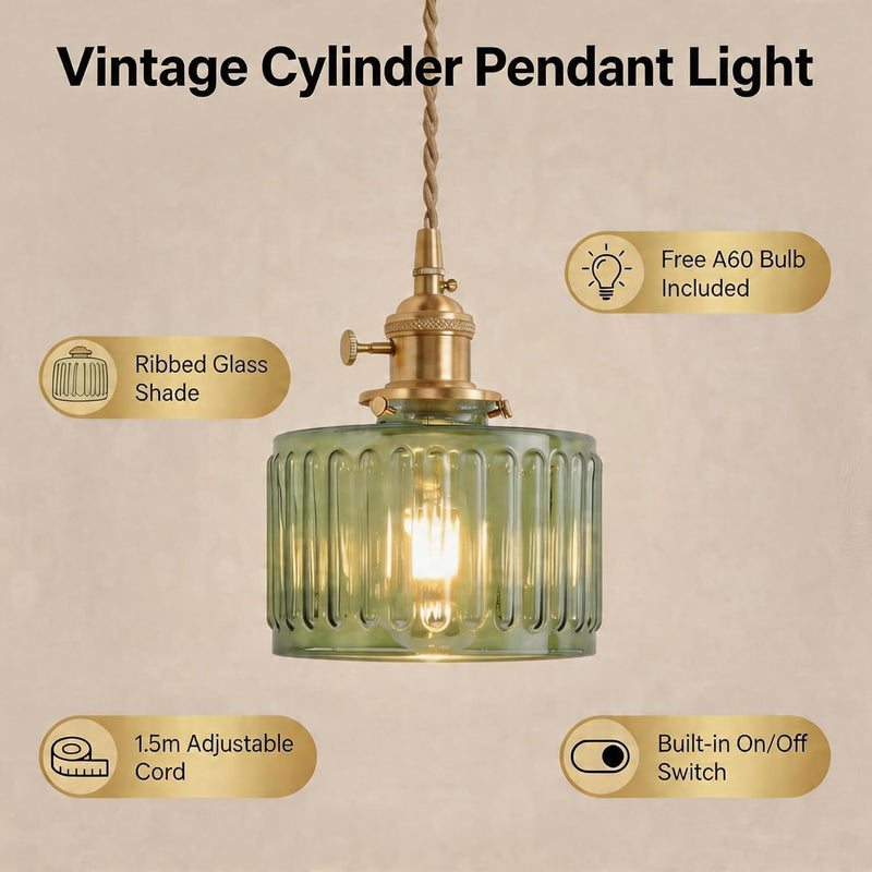 Clear Striped Glass Pendant Light 2 Natural Bulbs