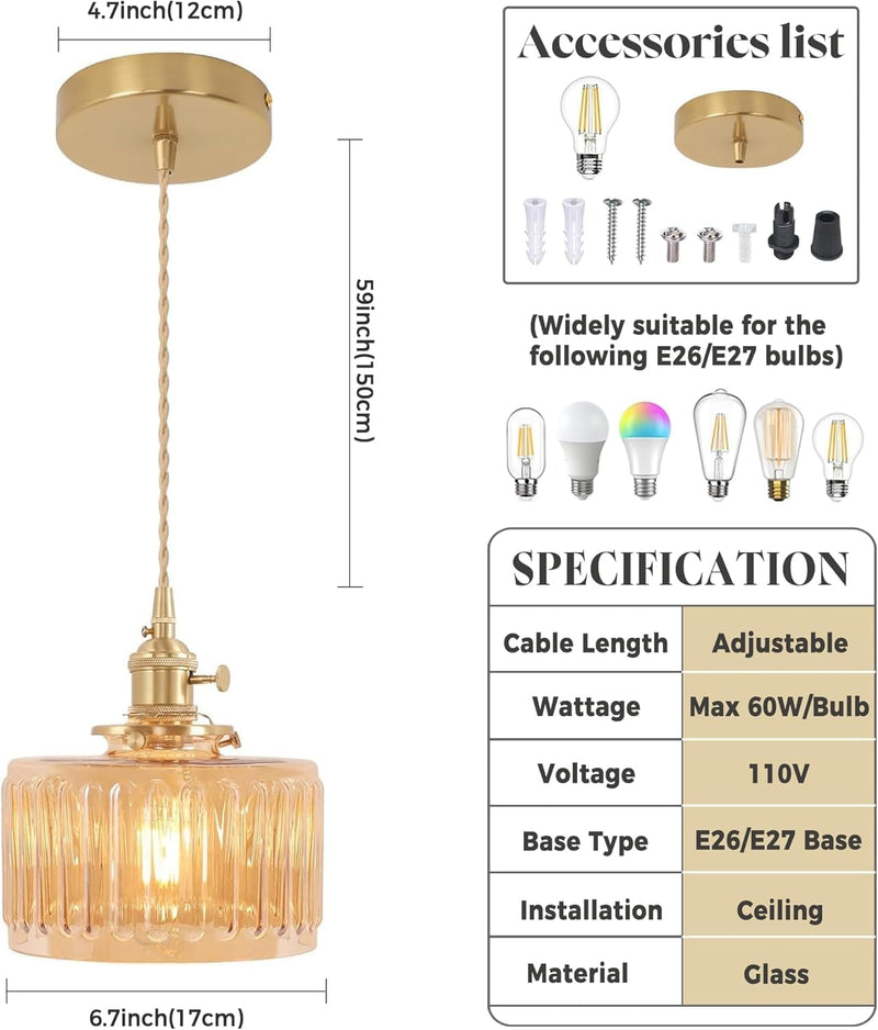 Clear Striped Glass Pendant Light 2 Natural Bulbs