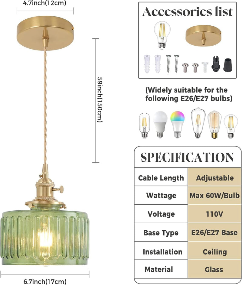 Clear Striped Glass Pendant Light 2 Natural Bulbs