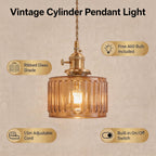 Clear Striped Glass Pendant Light 2 Natural Bulbs