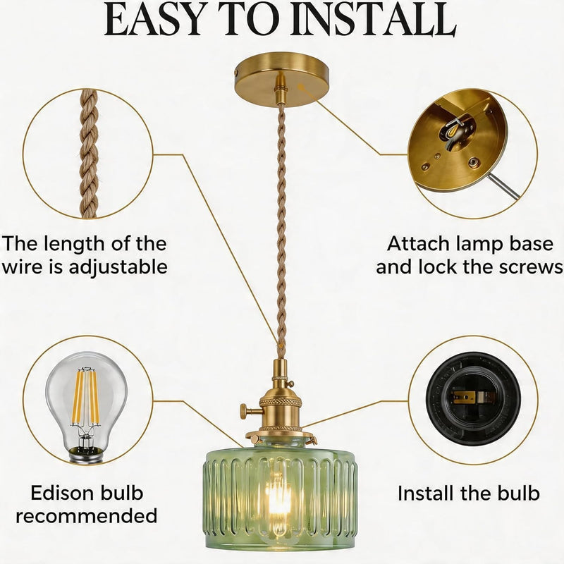Clear Striped Glass Pendant Light 2 Natural Bulbs