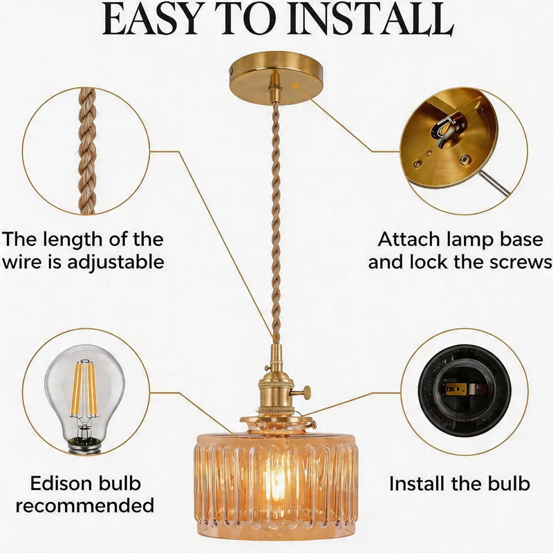 Clear Striped Glass Pendant Light 2 Natural Bulbs