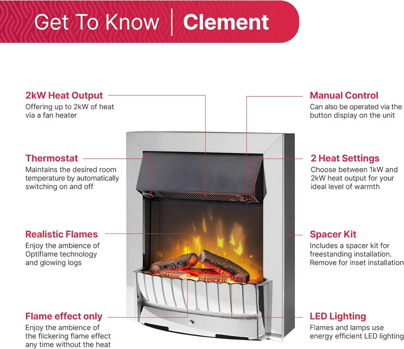 Clement Optiflame 2KW Inset Electric Fire Chrome