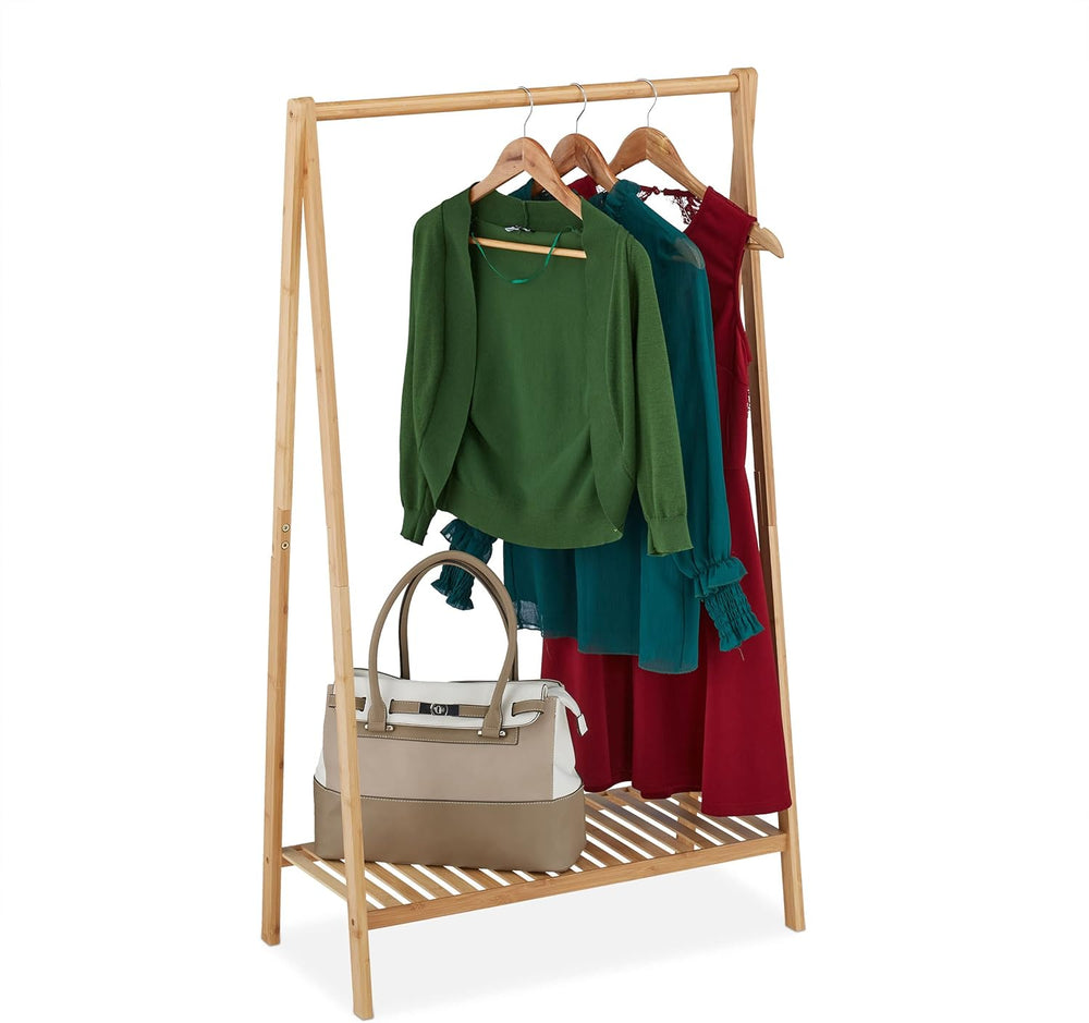 Clothes Rack Bamboo Rail with Shoe Shelf Free-Standing