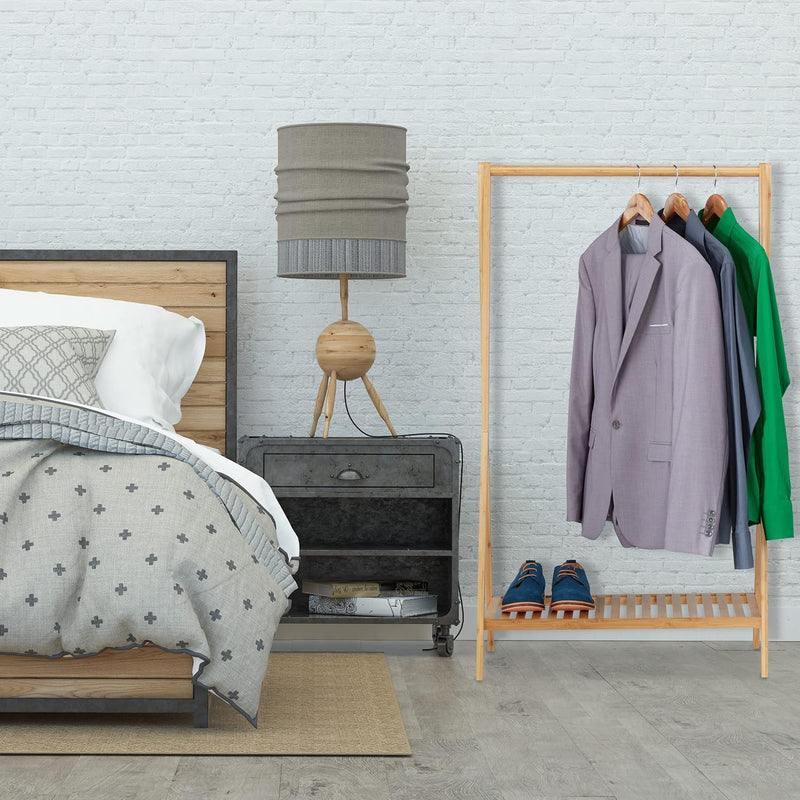 Clothes Rack Bamboo Rail with Shoe Shelf