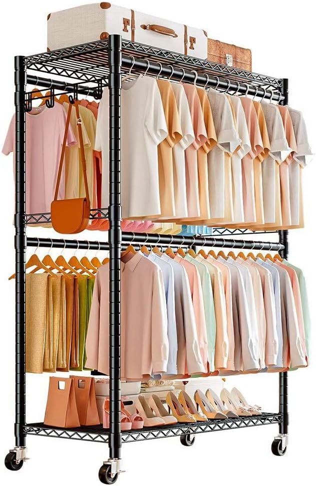 Clothes Rail Rack with 4 Rods Wheels