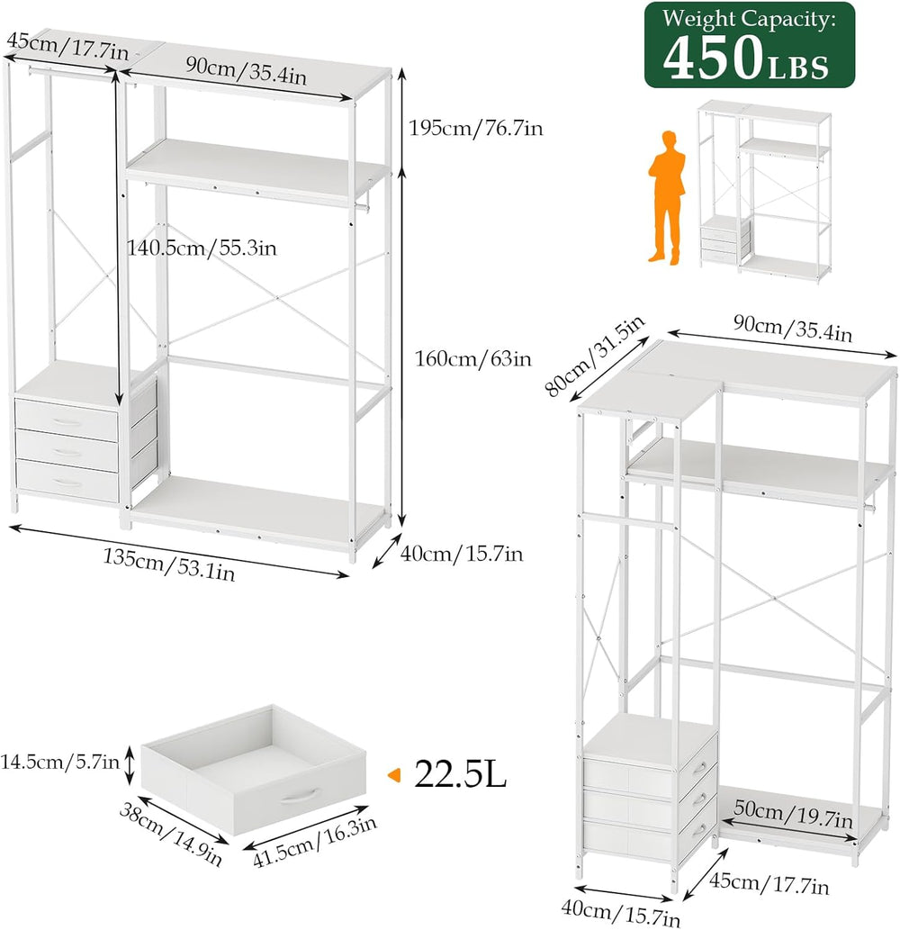 Clothes Rail with 3 Fabric Drawers Storage Shelves