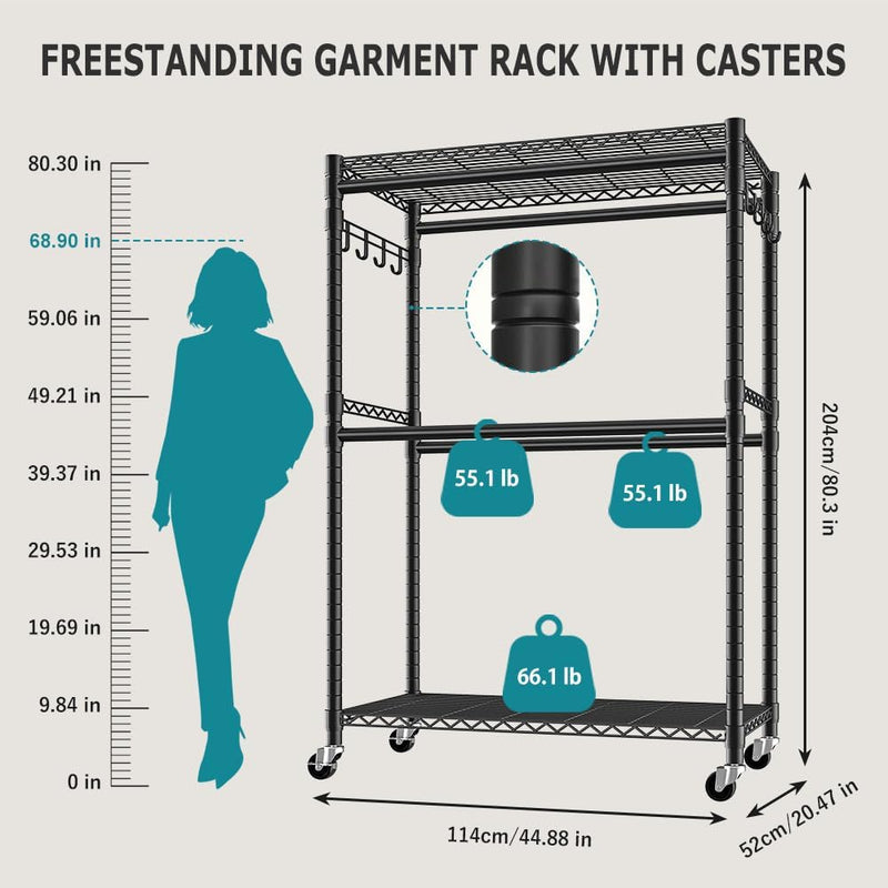 Clothes Rail Rack with 4 Rods Wheels