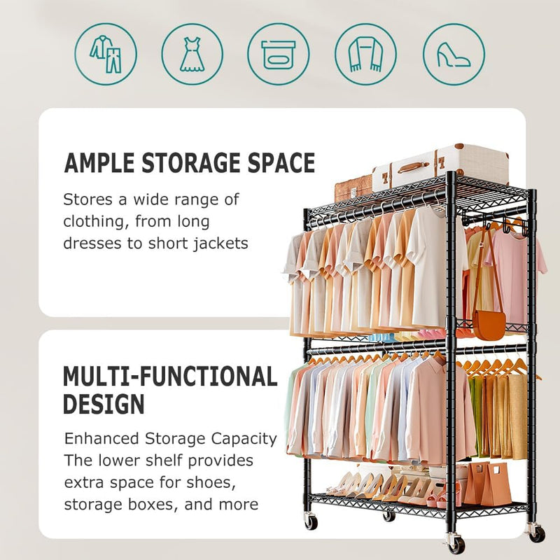 Clothes Rail Rack with 4 Rods Wheels