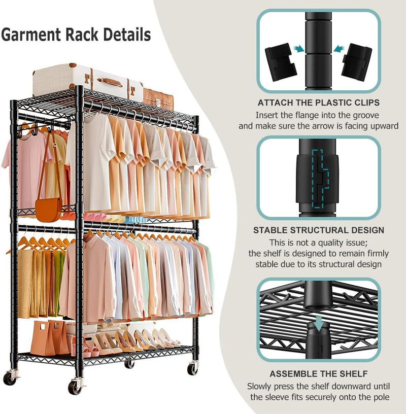 Clothes Rail Rack with 4 Rods Wheels