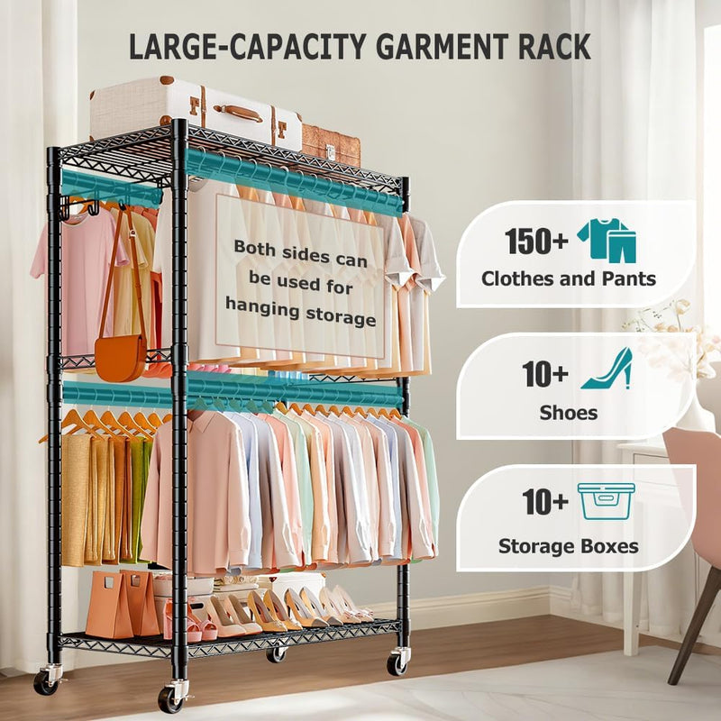 Clothes Rail Rack with 4 Rods Wheels