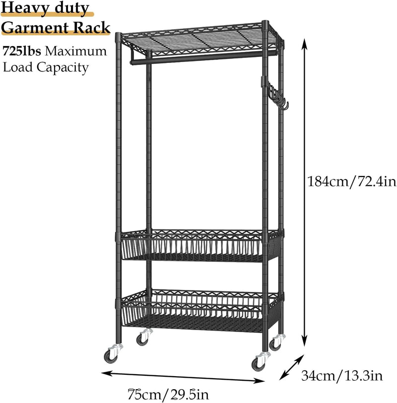 Clothes Rail Stand with Wheels and 2 Adjustable