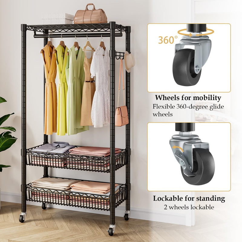 Clothes Rail Stand with Wheels and 2 Adjustable