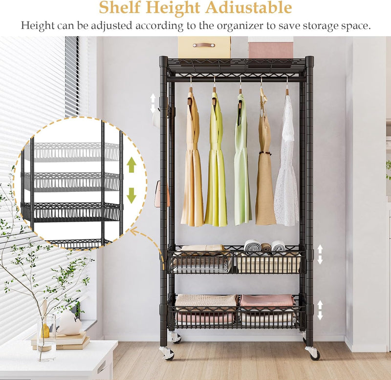 Clothes Rail Stand with Wheels and 2 Adjustable