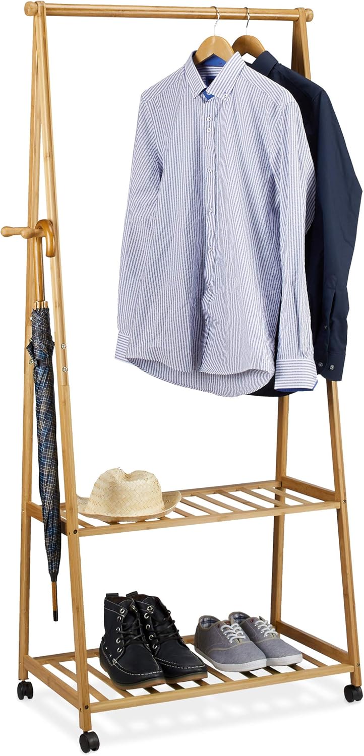 Clothes Stand on Wheels Bamboo 2 Shoe Shelves