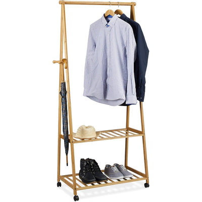Clothes Stand on Wheels Bamboo 2 Shoe Shelves