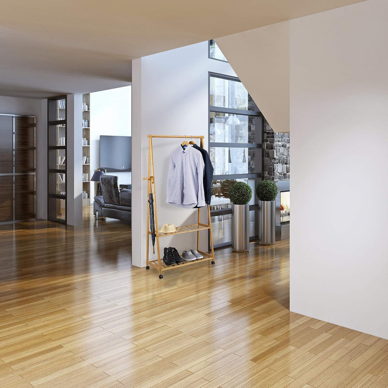 Clothes Stand on Wheels Bamboo 2 Shoe Shelves