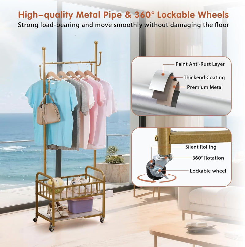 Clothing Rack with Wheels Rolling Clothes Double Deck