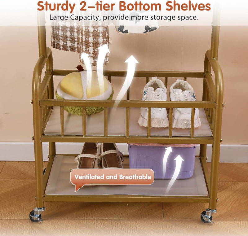 Clothing Rack with Wheels Rolling Clothes Double Deck