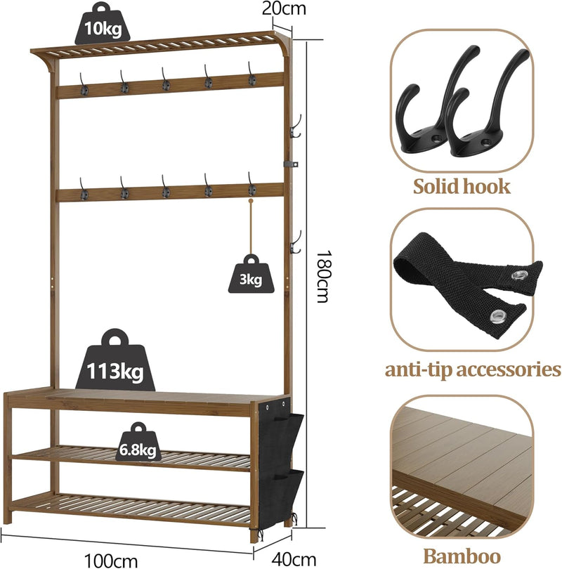 Coat Rack Bamboo Hall Tree Entryway Shoe Bench