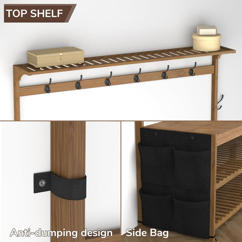 Coat Rack Bamboo Hall Tree Entryway Shoe Bench