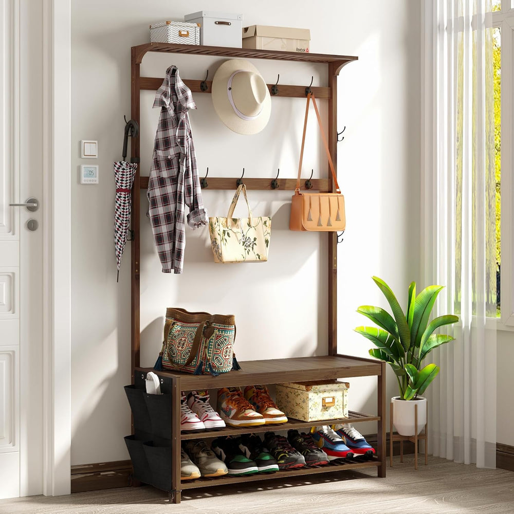 Coat Rack Bamboo Hall Tree Entryway Shoe Bench
