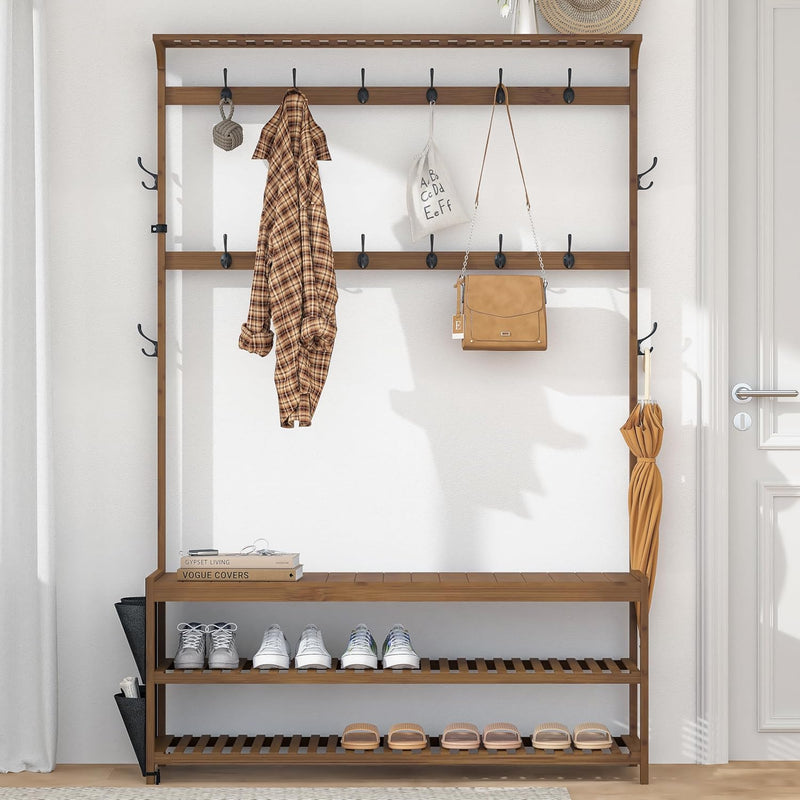 Coat Rack Bamboo Hall Tree Entryway Shoe Bench
