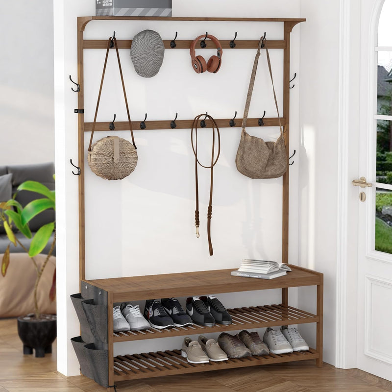 Coat Rack Bamboo Hall Tree Entryway Shoe Bench