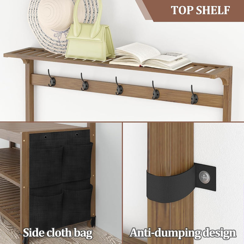 Coat Rack Bamboo Hall Tree Entryway Shoe Bench