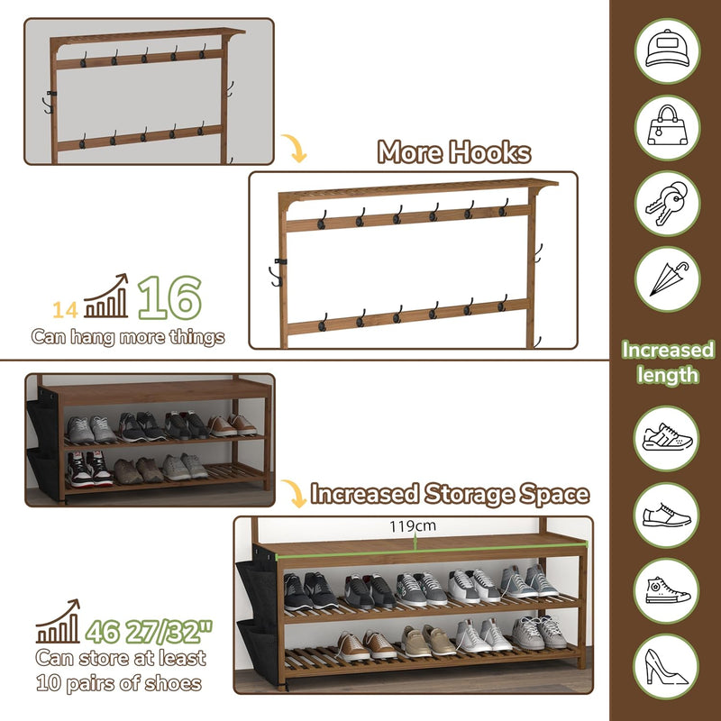Coat Rack Bamboo Hall Tree Entryway Shoe Bench