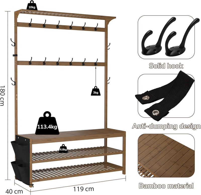 Coat Rack Bamboo Hall Tree Entryway Shoe Bench