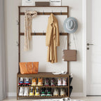 Coat Rack Bamboo Hall Tree Entryway Shoe Bench