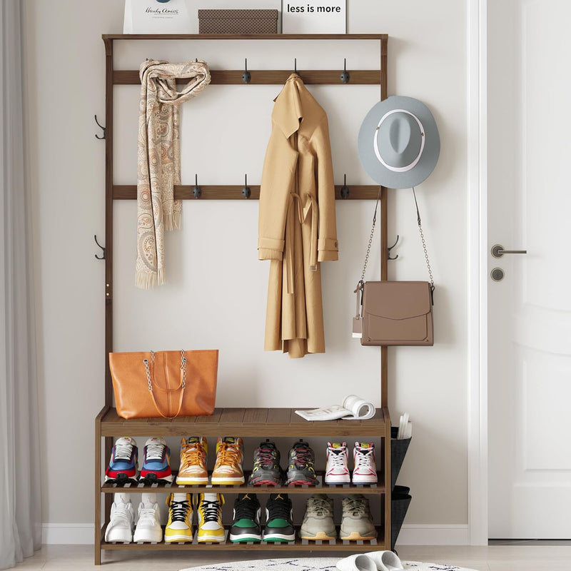 Coat Rack Bamboo Hall Tree Entryway Shoe Bench