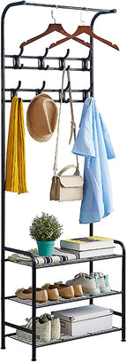 Coat Rack Shoe Bench with 16 Hooks Metal