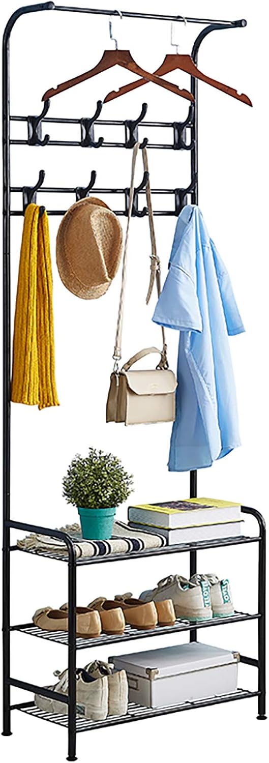 Coat Rack Shoe Bench with 16 Hooks Metal