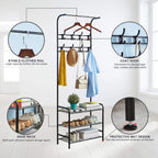 Coat Rack Shoe Bench with 16 Hooks Metal