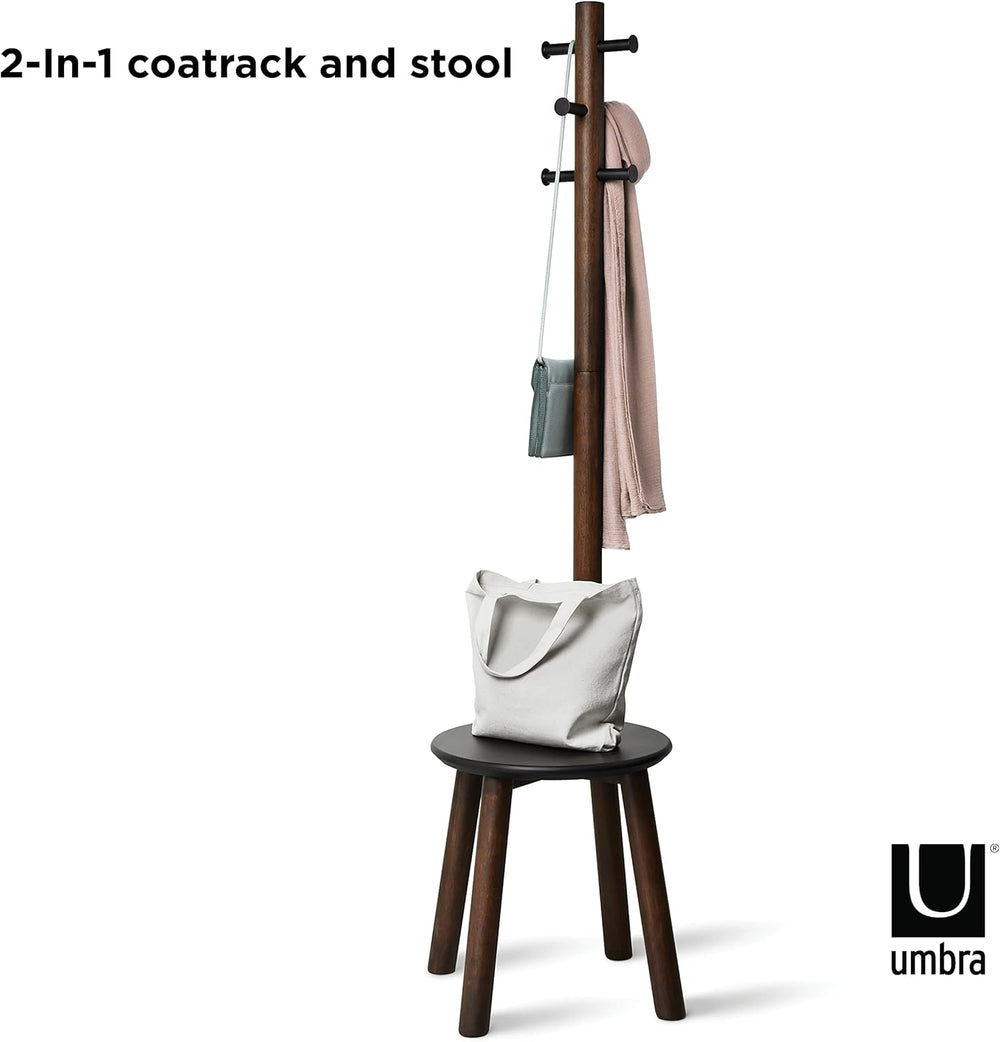 Coat Rack with Stool Freestanding 6 Hooks Walnut