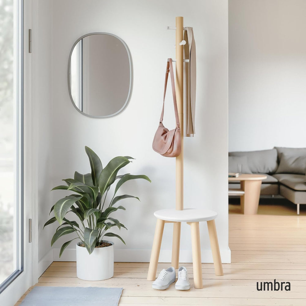 Coat Rack with Stool Freestanding 6 Hooks Natural