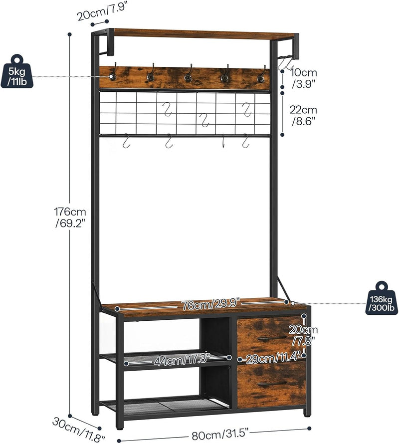Coat Rack with Shoe Storage Bench Stand Hooks