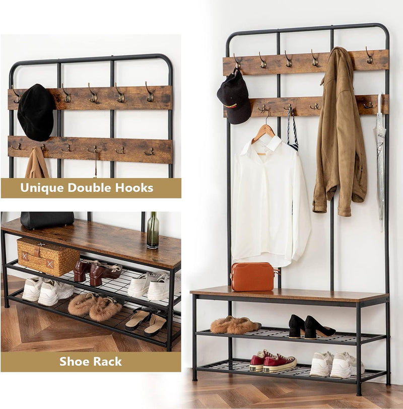 Coat Stand 182CM Rack with Shoe Bench