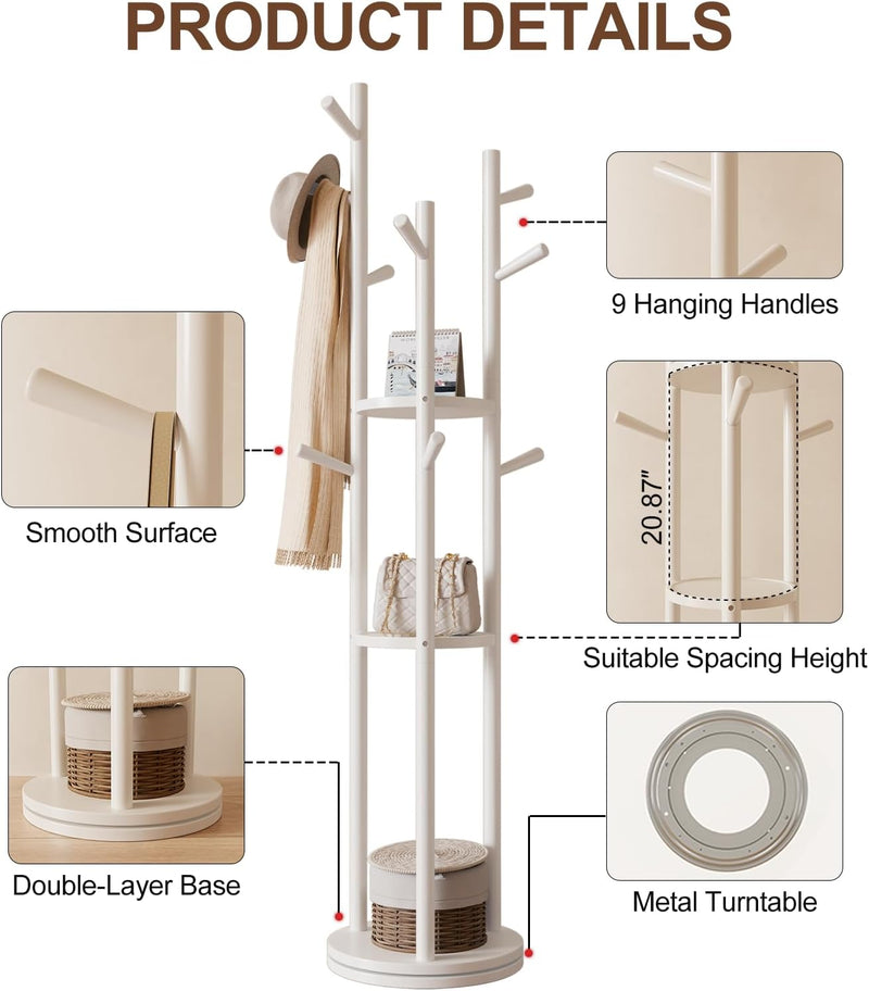 Coat Stand Woodem Rack with 3 Storage Shelves
