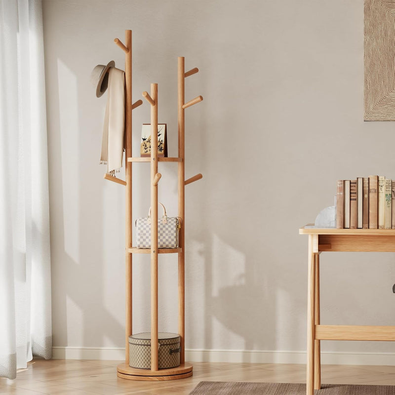 Coat Stand Woodem Rack with 3 Storage Shelves